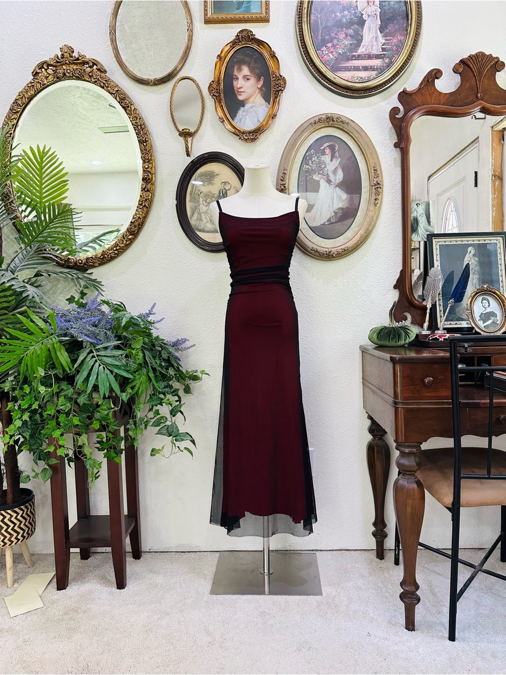 Elegant Burgundy Slip Dress with Sheer Overlay